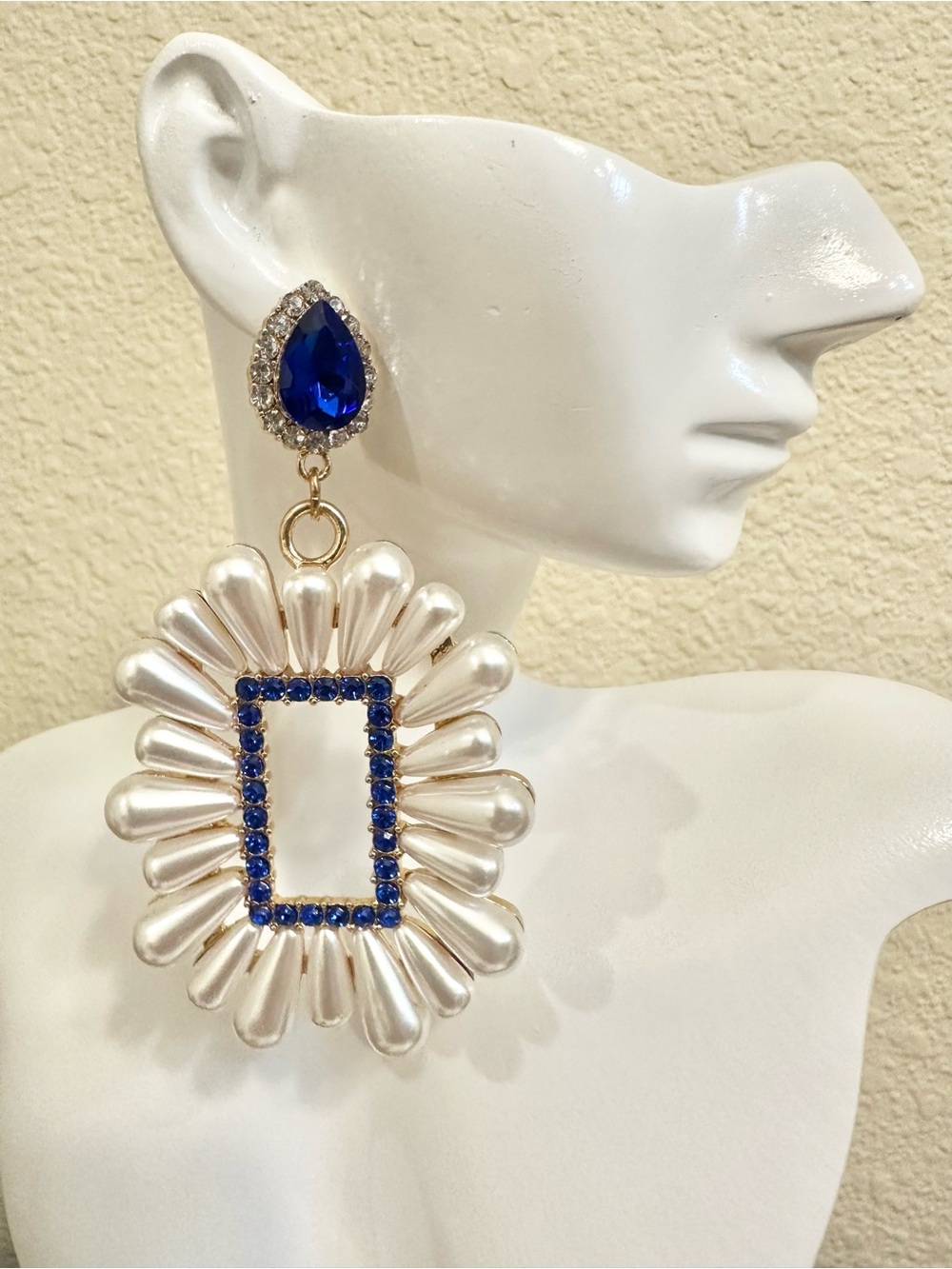Elegant Pearl & Blue Crystal Drop Earrings
